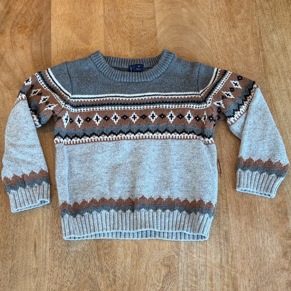 Janie and Jack Fair Isle Crewneck Sweater in Gray, Brown & Cream